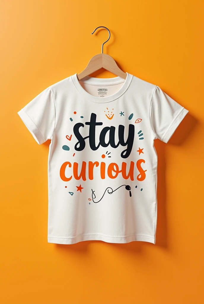 Design a T-shirt with the phrase "Stay Curious" in playful, handwritten-style typography. Add a small, whimsical graphic