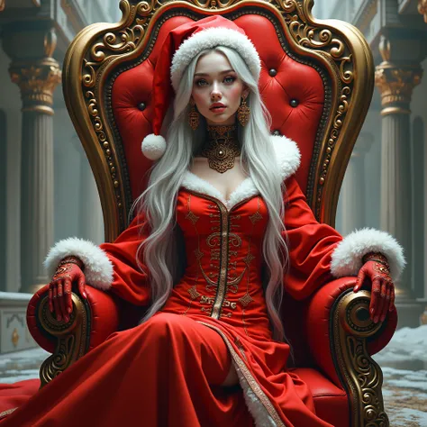 1girk, ai, Long hair, Earings, Sitting on a Throne, wearing a red Christmas costume, with a text GRACE on it