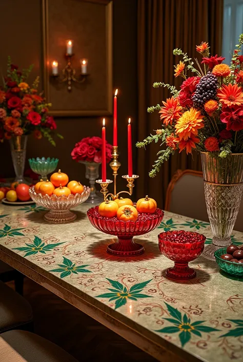 Design of an expensive and luxurious large rectangular table with beautiful mirrored work and the role of four green feathered flowers in the inwork In some parts of the table and on the table a large red crystal dish filled with pomegranate seeds and a da...