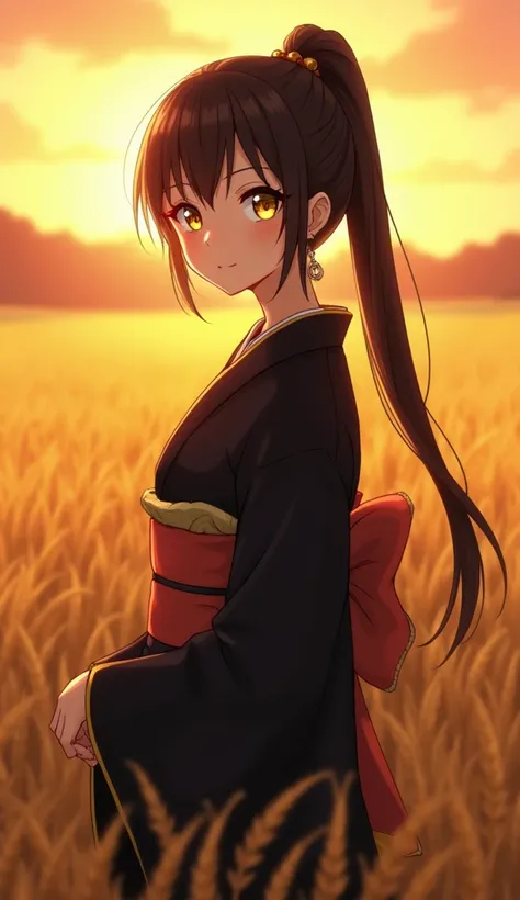  A girl in a kimono is standing to her waist in a wheat field,  a black kimono with a gold rim ,  her hair is tied in a ponytail , yellow eyes, The sunset in her eyes, The light hits her face, Half landscape orientation to the camera、 Japanese
