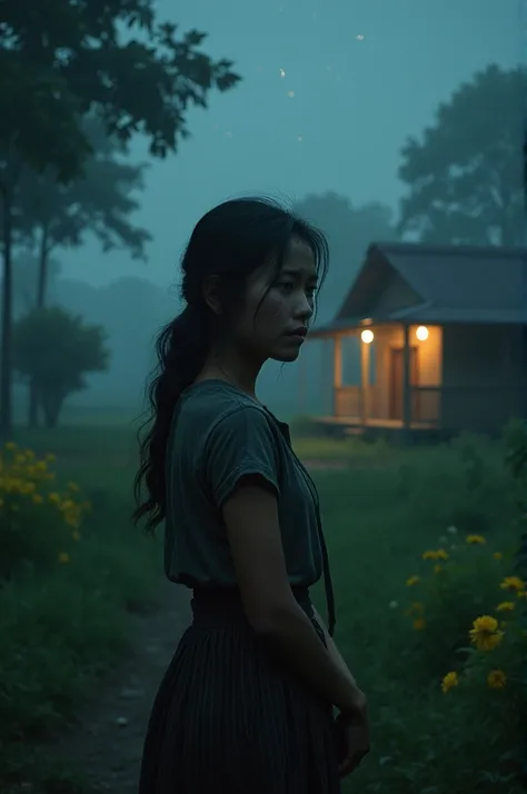 a young Indonesian mother cries sadly in front of her house, night atmosphere, there are big trees, green grass and flowers, there is thick fog, distant photo