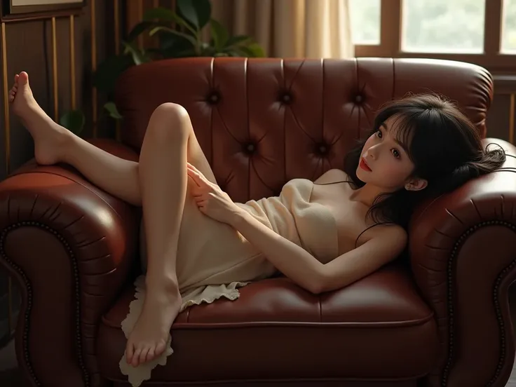 Create a picture of a Thai female student with her legs draped over a footrest, her arms on a sofa, and her legs sitting on a leather sofa throne.