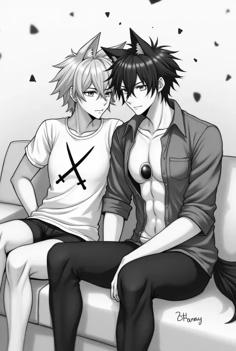  Create a drawing with pencils and with some rubber crumbs scattered on the paper ,  of two 18-year-old adolescent boys in the anime style ,  the one on the right has a wolf tail and ears , A stone rounded between the breasts ,  wears a denim shirt and bla...