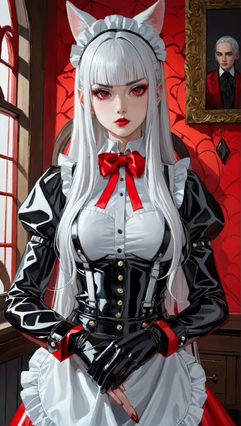    high quality image, Portrait painting , masterpiece fails , ren,  Long white hair  , straight brow bangs , Model,  a beautiful face  ,Aggressive,Full length view,  Black and red latex maid suit,  high leather boots  ,  latex socks with suspenders  ,  lo...