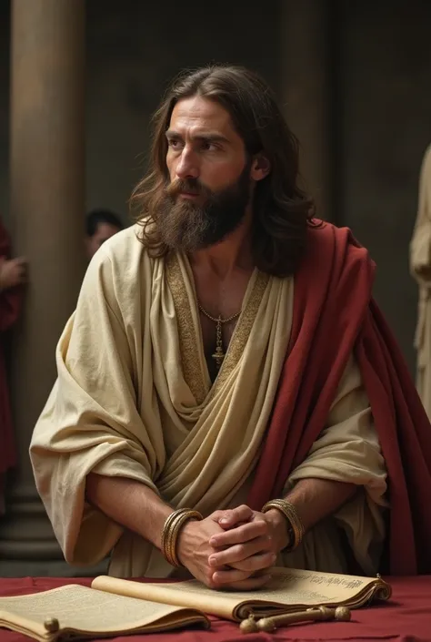 Jesus Christ, with his hands tied, like the humble and simple suffering servant with his hands tied about to be judged by Roman soldiers, seen from afar and up close, to see an Old Testament prophet sitting at a table writing a scroll or scrolls his prophe...