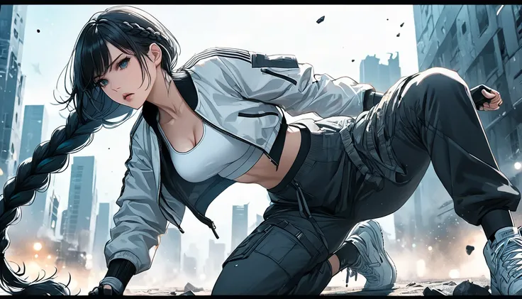 Neo-noir futuristic art style, semi-realistic anime style, dynamic close up bokeh shot, a confident and agile woman in a superhero landing pose, captured from a low angle, landed very close to the camera, focusing on her legs and upward to her expressive f...