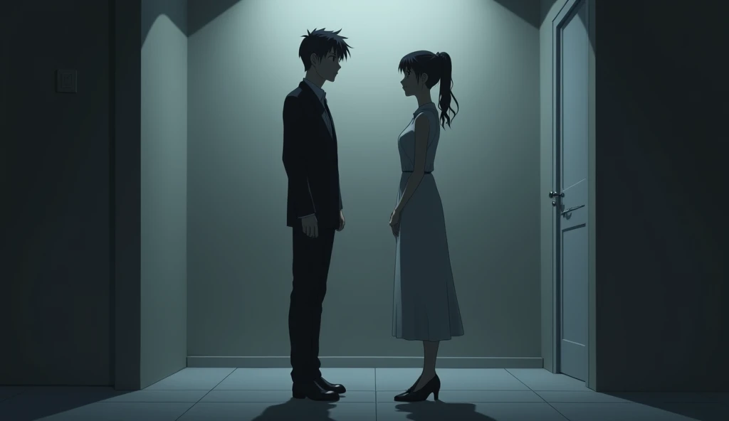  a cold couple dressed politely , standing in the room ,  anime style 