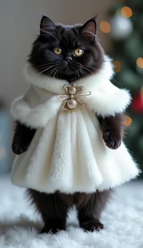  cute fluffy black cat standing in a white fur dress

The dress is made of bevet shiny fabric
skirts、The cape has white fur on it 、
There is a real cat standing on 2 legs 　 the front legs are raised
The background is a Christmas 　 glitter