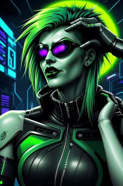 cyberpunk, hair, bright green hair, cybernetic arm, futuristic sunglasses, black lipstick