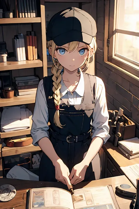 (from above:1.2,Best Quality),a girl , platinum color hair、masterpiece, highest quality, Very detailed, 16k, Ultra-high resolution, Cowboy Shot, One  girl, Detailed face, Perfect Fingers, Golden Eyes, Blonde, Braid, A vest with many pockets, Shorts, Explor...