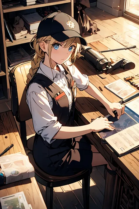 (from above:1.2,Best Quality),a girl , platinum color hair、masterpiece, highest quality, Very detailed, 16k, Ultra-high resolution, Cowboy Shot, One  girl, Detailed face, Perfect Fingers, Golden Eyes, Blonde, Braid, A vest with many pockets, Shorts, Explor...