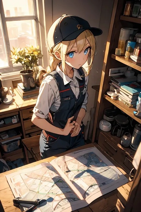 (from above:1.2,Best Quality),a girl , platinum color hair、masterpiece, highest quality, Very detailed, 16k, Ultra-high resolution, Cowboy Shot, One  girl, Detailed face, Perfect Fingers, Golden Eyes, Blonde, Braid, A vest with many pockets, Shorts, Explor...