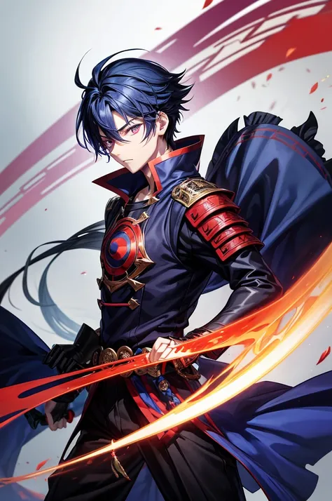 anime boy, young man, tall, normal expression, indifferent, dark blue hair, dark purple eyes with red centers, has unusual superpowers, beautiful fabric outfit, black outfit with blue trim, uses weapons Qi is an elliptical curved blade sword, beautiful pat...