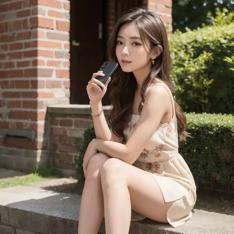 Professional 4K photos are beautifully smooth, with smooth colors that are pleasing to the eye A young thai 20 years old  
woman, positioned mid-frame, is seated on a brick wall. Show full body. She is looking down at a smartphone iPhone 16 Pro Max, held i...