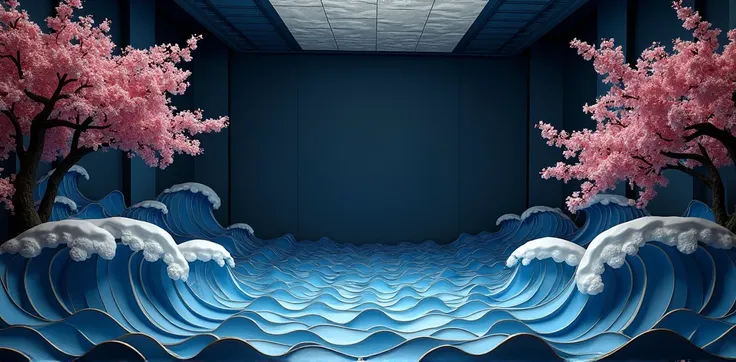  stage with realistic cardboard waves with cherry blossoms on the edges , blue and black floral lianas in the dark on the top of the stage,elegant white and gray ornamental on the ceiling ,Dark environment