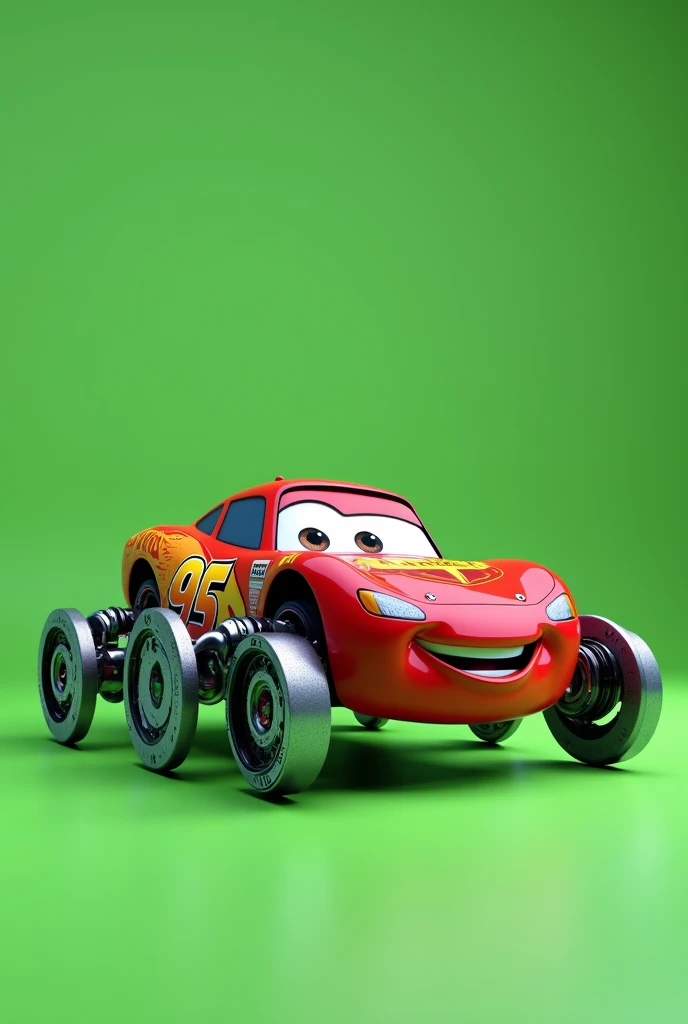 Create a fantastical version of Lightning McQueen reimagined as a spider-like creature. The design should feature a sleek car body fused with mechanical spider legs. The legs should have a shiny metallic appearance, combining elements of robotics and autom...