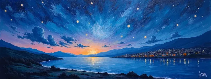 A captivating art piece showcasing a beautiful nighttime scene, meticulously crafted with a palette knife. The abstract composition features bold strokes of color, creating a dreamy and serene atmosphere reminiscent of a famous art masterpiece. The sky is ...