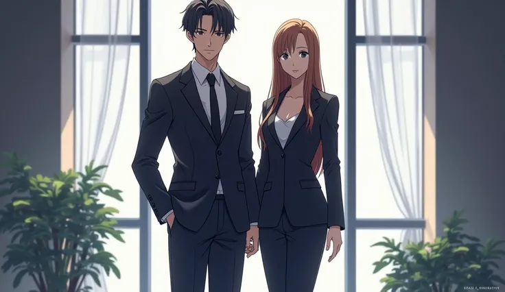 a nice cold couple dressed politely , standing in the company ,  anime style 