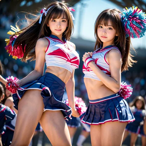 masterpiece,  top quality,  very detailed bust,  high definition , ( realistic , photo realistic :1.37), excellent anatomy,  one beautiful woman , 18 years old, : 152cm,(well-proportion:1.3) cheerleader, (With pom-poms in both hands:1.4),smile,  cheerleadi...