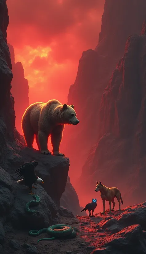 In the same glowing crimson cliffside with an ominous, storm-filled sky, the distinct forms of the selected entities stand apart, each radiating their unique presence. The bear, massive and imposing, stands firmly on the rocky ground, its fur shimmering wi...