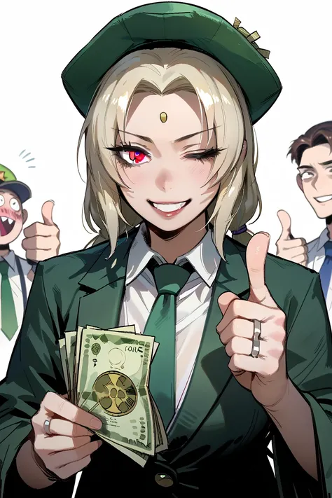 score_9, score_8_up, score_7_up, BREAK,  gangstersb, thumbs up, one eye closed, grin, smile, money, holding money, portrait, cropped torso, ring, formal, hat, green headwear, necktie, suit, striped, solo, looking at viewer,  1girl, tsunade