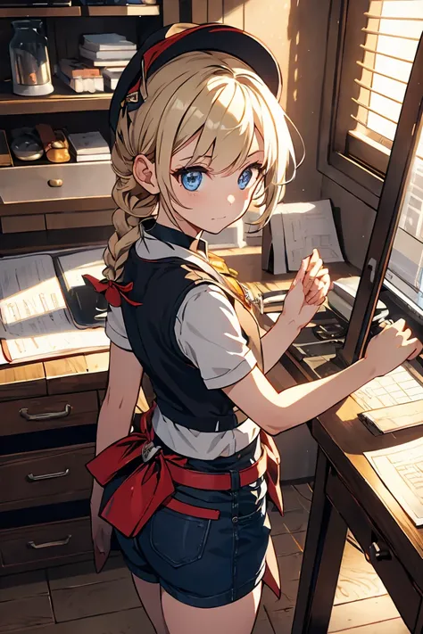 (from above:1.2,Best Quality),a girl , platinum color hair、masterpiece, highest quality, Very detailed, 16k, Ultra-high resolution, Cowboy Shot, One  girl, Detailed face, Perfect Fingers, Golden Eyes, Blonde, Braid, A vest with many pockets, Shorts, Explor...