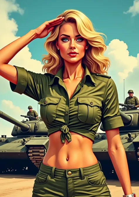 1970s pop art。beautiful blonde female officer。Army Major。 khaki short shirt。The hem of the shirt is tied。I can see my belly button。 saluting 。Tanks in the background