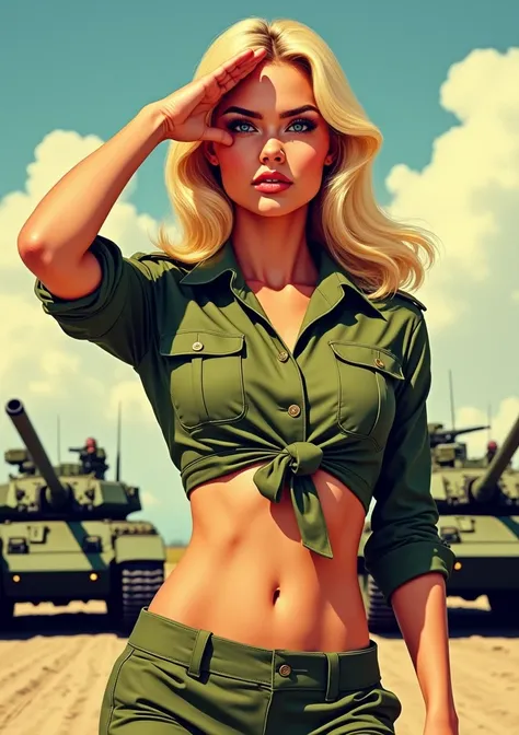 1970s pop art。beautiful blonde female officer。Army Major。 khaki short shirt。The hem of the shirt is tied。I can see my belly button。 saluting 。Tanks in the background