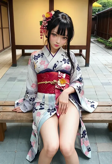 a close up of a woman in a  kimono sitting on a bench, in  kimono, in a  kimono, wearing  kimono, Japanese Models, wearing a  kimono, wearing royal  kimono,  kimono,  young sensual gravure idol, pale and coloured  kimono, Young and beautiful photo idol,  e...