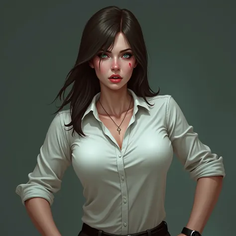  A woman with wide shoulders and a thick body ,  large shoulders and thick arms ,  wearing a formal white button shirt ,  with sleeves rolled up to the elbows , dark brown hair and straight ,  green eyes,  a little bloodstains around her mouth,  a black wa...