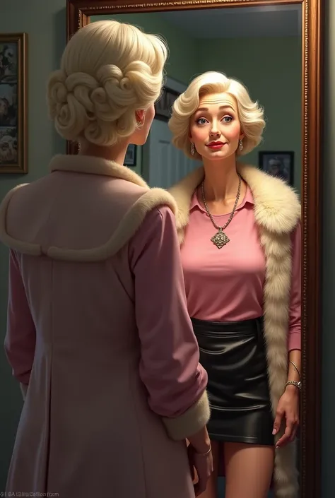 Grandmother mind swap her in teen blonde girl body, and dress up a solid pink shirt, old neckless, fur coat, high heels, and a shiny leather skirt, and looking his new body in mirror.