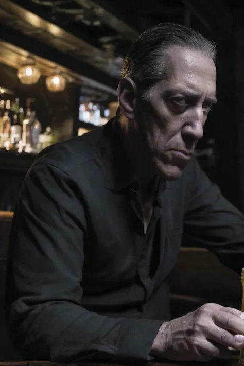 a middle-aged man with a pensive expression, HP Lovecraft, sitting at a bar table drinking a beer, Cthulhu the ancient cosmic entity sitting across the table from him, intricate details, dark moody atmosphere, muted color palette, dramatic lighting, cinema...