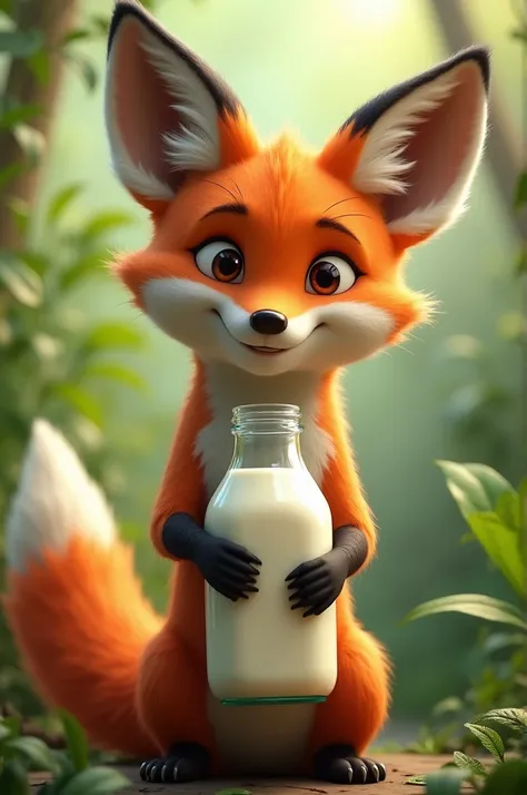 A fox holding a glass bottle of milk