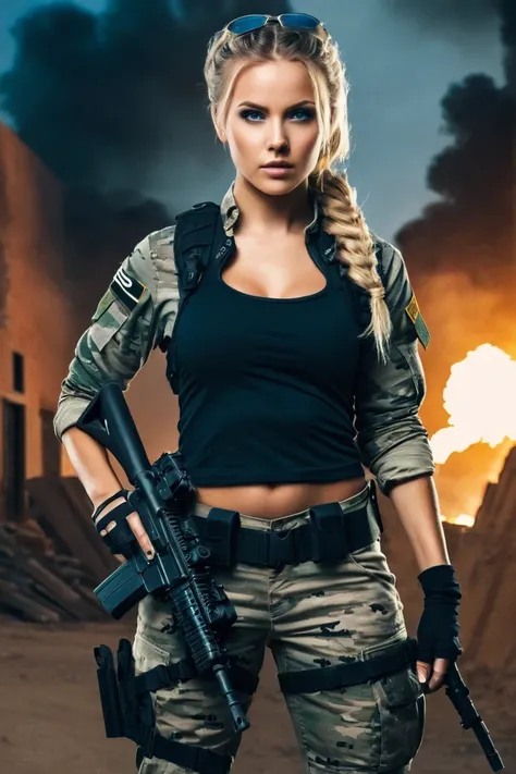 masterpiece, absurdres, portrait, detailed skin texture, detailed eyes, load bearing straps, full lips, Artistic photo of beautiful blonde girl with sexy slim body as army commando member, long blonde braid, blue eyes, mocking grim on her face, tilted head...