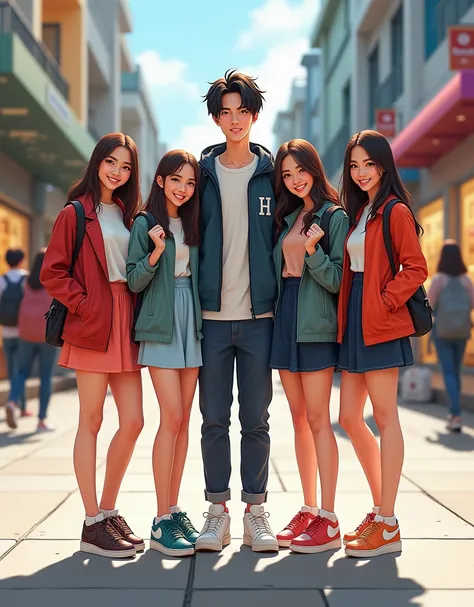 3 young Indonesian women wearing short dresses with outwear, jackets, Korean women, Nike shoes, carrying branded bags, standing in the middle of 1 young Indonesian men with Korean height, wearing t-shirts and jackets and jordan shoes, all looking at the ca...