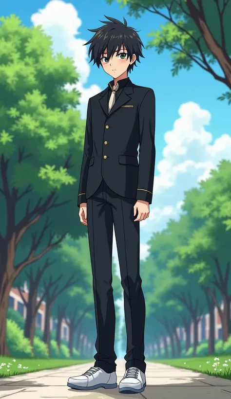 10 Feet Tall anime boy black hair anime boy, Closed mouth, serious, kuudere,  misaki mei man, delgado, black Gakuran Buttoned up uniform collar, Long legs, white sneakers,2D default standing, hands to the sides, at Marist College New York,town of Poughkeep...