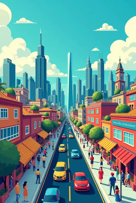 A simple art poster with no shadows (global city) that has tall buildings, cafes, and restaurants. Add lots of simplified people, and also add cars. Make the sky blue and the clouds white. Make it a birds eye view. Make it look like a drawing. No shadows. ...