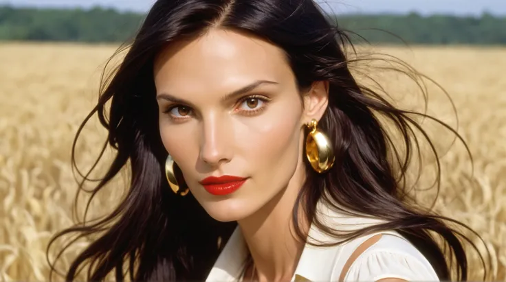 Famke Janssen when she was young, 30 years old, long black hair, brown eyes, red lipstick, gold hoop ear rings, 
