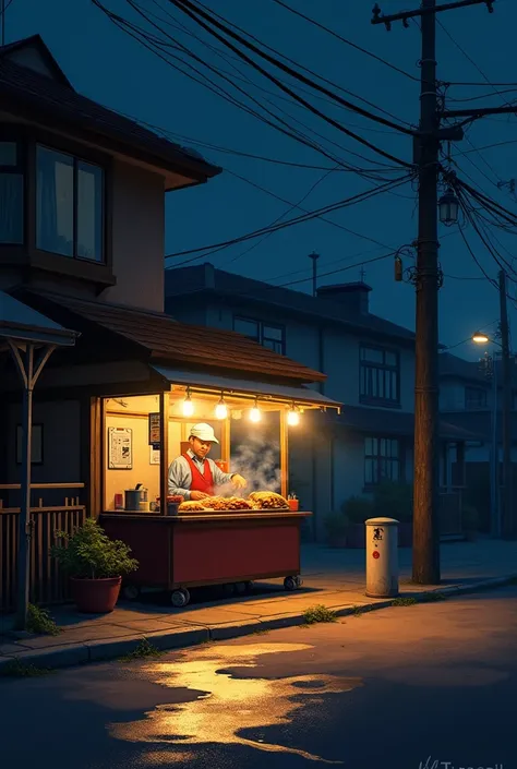 In the quiet night time , looks like a small five-foot stand selling food on the side of a street.  the light of the street lights illuminates the area around the outlet .
Describe this situation