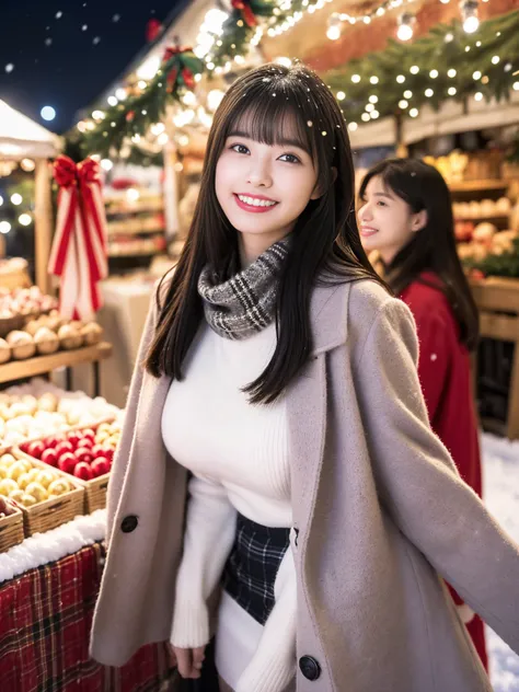 (masterpiece, realistic, photo-realistic:1.2), finely detail, ultra high res, perfect anatomy, best quality, 8K, soft focus, (grin, happy smile:1.3), (2girls, harem, 18yo Japanese girl, awesome detailed rib knit with ribbon, wool coat, plaid short skirt, t...