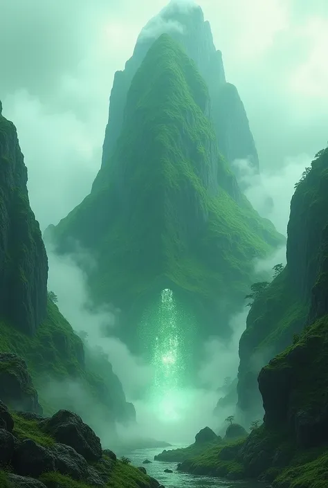 landscape,  high green mountain of nature  ,  fog and portal of air and earth light and reaches the sky ,  