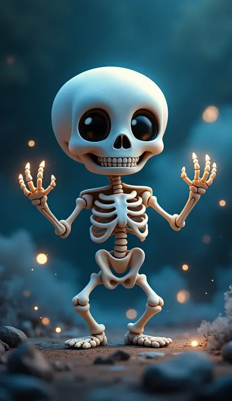 Cartoon Skeleton which looks cute, glow sparkle light around it, dark and magical vibes background 