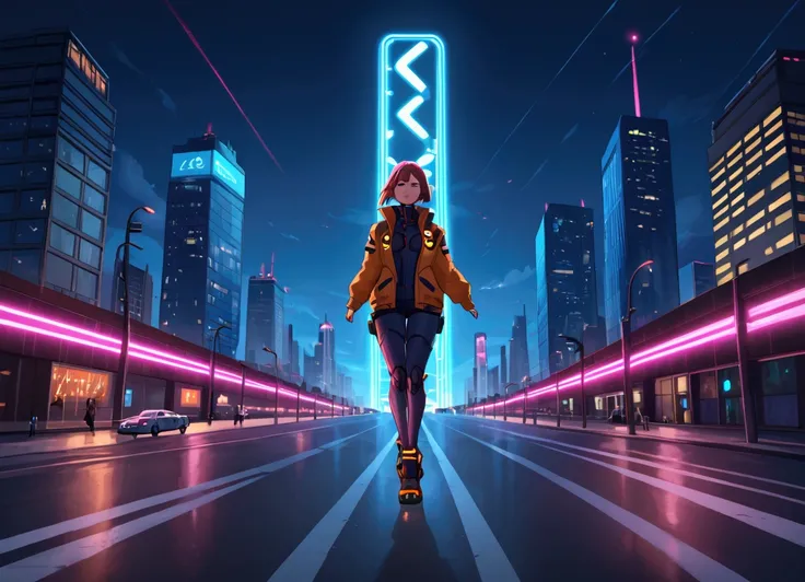 "A futuristic adventure game environment where an anime girl explores a sci-fi city filled with glowing neon lights, flying cars, and holographic billboards. The anime girl, dressed in a sleek cyberpunk outfit, runs across a glowing bridge with skyscrapers...