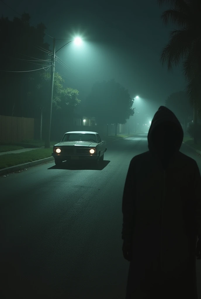 (photorealism:1.2), Late 1960s, Northern California shrouded in darkness and mystery. A quiet, eerie suburban street with a vintage car parked under a dim streetlight. In the distance, a shadowy figure wearing dark clothing observes silently, their face ob...