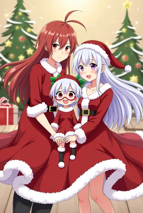 Anime, a red-eyed long-haired man wearing a Christmas dress and a tiny-haired boy wearing glasses in a Christmas dress, and a white-haired woman wearing a Christmas dress.