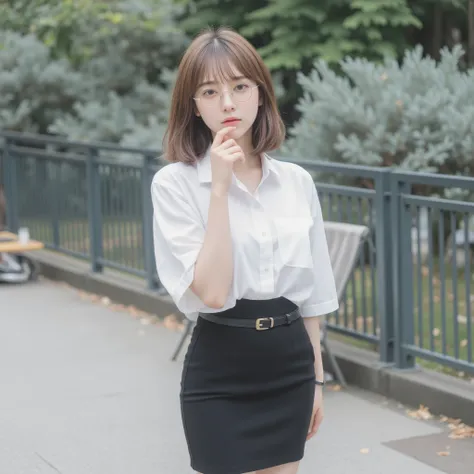 Candid photo of beautifully smooth, full-body shot, with smooth colors that are pleasing to the eye A young 3rd year Thai university student woman, wearing light gold round glasses. with a good figure, likely a teenager or young adult, She is light-skinned...