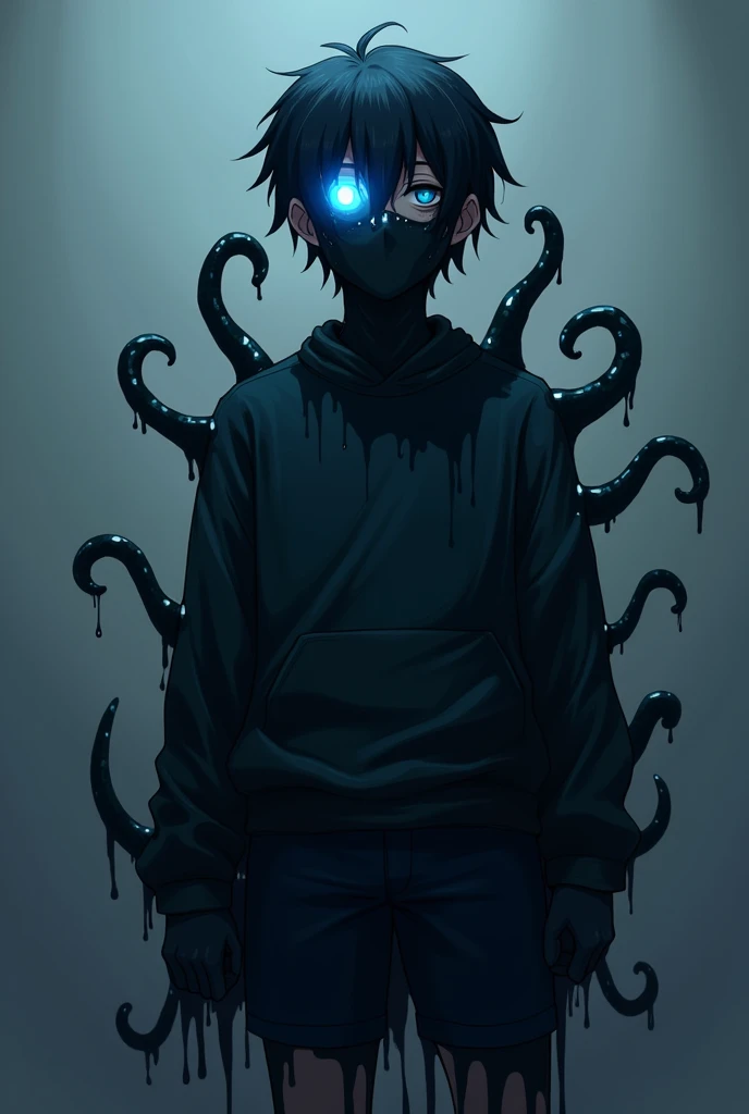 A 19-year-old anime , hes completely covered in thick slime.  You can see the outline of shorts and a sweatshirt , what, He is entirely black and slime ,  with usually about 4 tentacles sticking out of his back . Seu olho eswhatrdo é constantemente ilumina...