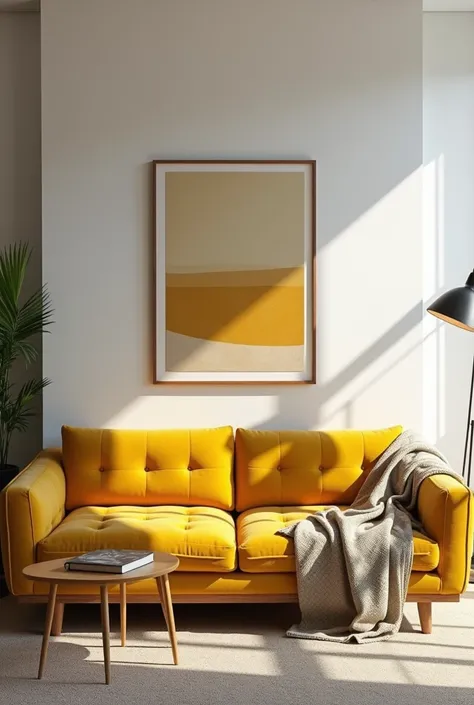 A sleek, mid-century modern tufted sofa in mustard yellow, paired with a geometric-patterned throw and wooden side tables. The living room includes a minimalist floor lamp and a neutral area rug.