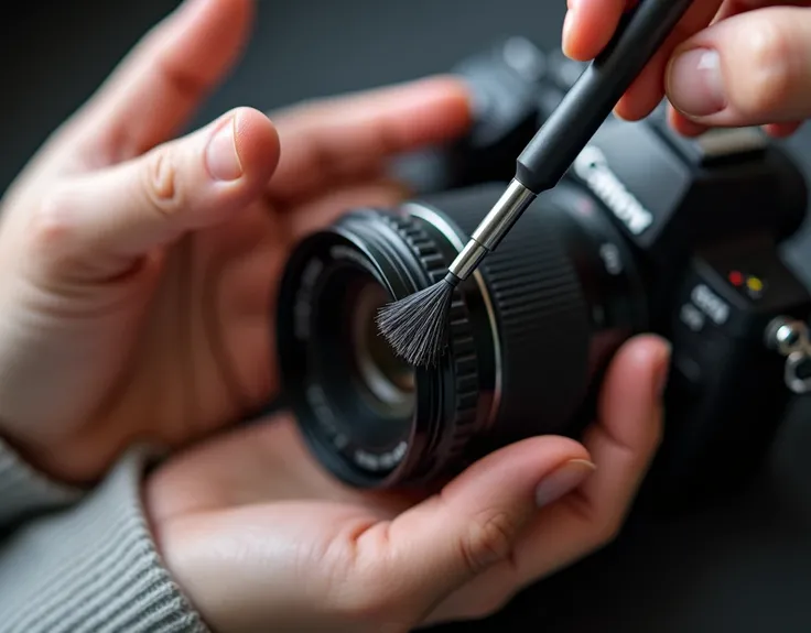 Hands closeup cleaning digital camera lens with professional brush tool, removing dust