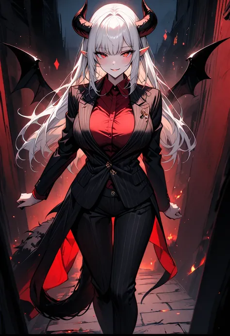 Alone, female, long white hair, straight hair,  black goat horn  ,  short pointed ears ,  red eyes,  cleft pupil ,   big boobs, Tall,  black mens suit , red shirt,  spade tail ,  black devil wings ,  black striped suit ,  pinstripe pants ,  smile ,  walkin...